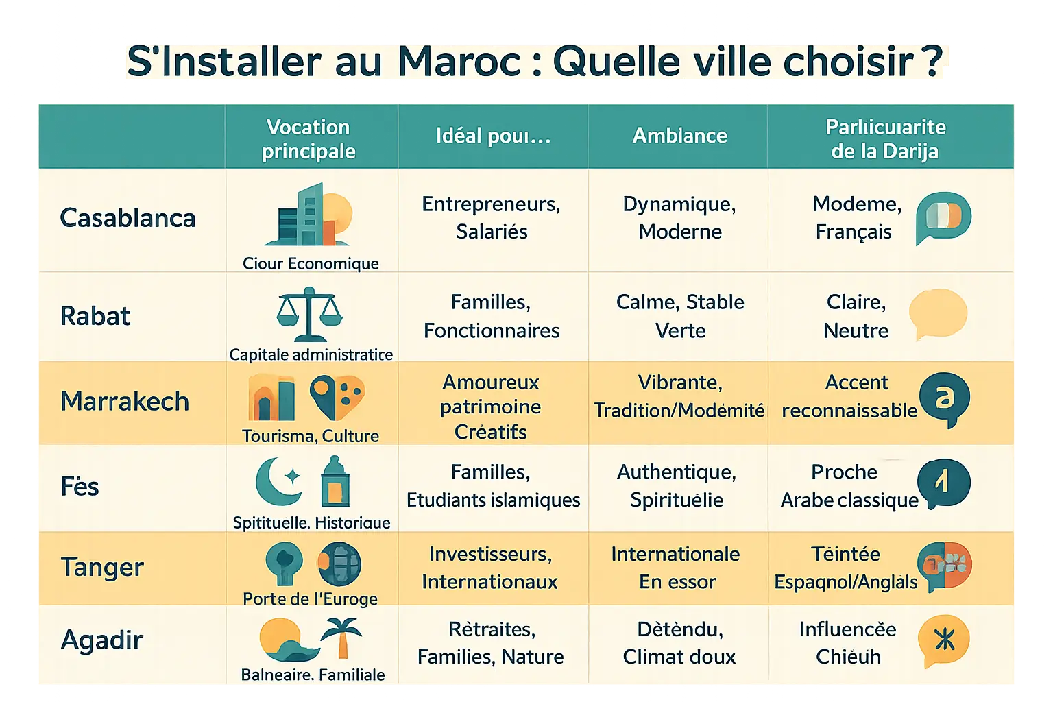 Carte des villes du Maroc avec des repères sur la darija