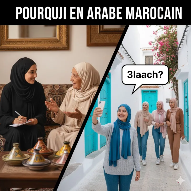 Illustration de l’expression pourquoi en arabe marocain avec le mot “3laach” utilisé dans des scènes de discussion et de rue typiques du Maro