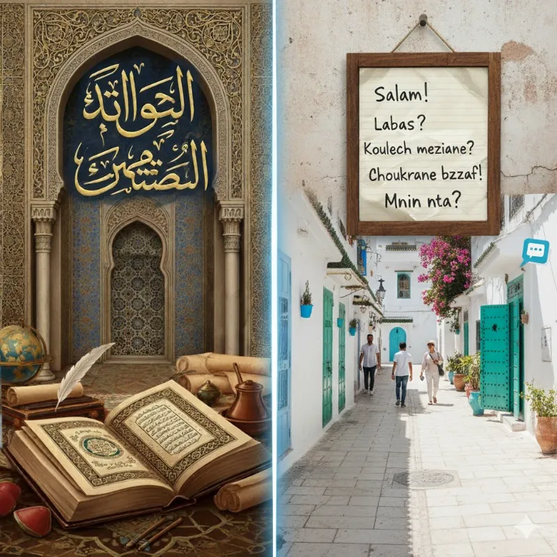 Illustration de l’arabe littéraire avec un Coran ouvert et une ruelle marocaine ornée d’expressions en darija