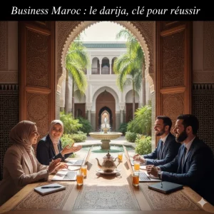 Réunion professionnelle dans un riad marocain, illustrant la culture du business Maroc où la langue darija favorise les relations d’affaires locales