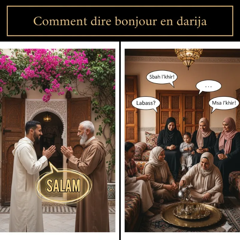 Scène de salutation traditionnelle au Maroc illustrant comment dire bonjour en marocain, avec les expressions salam, sbah l’khir et msa l’khir en darija