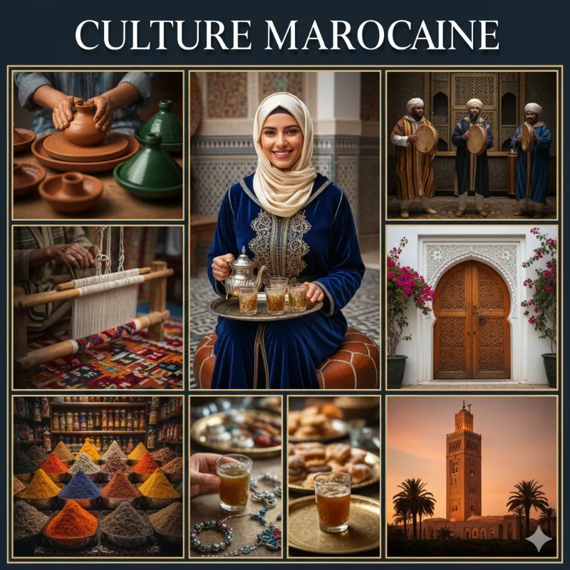 Scènes typiques de la culture marocaine avec artisanat, musique traditionnelle, thé à la menthe et architecture mauresque