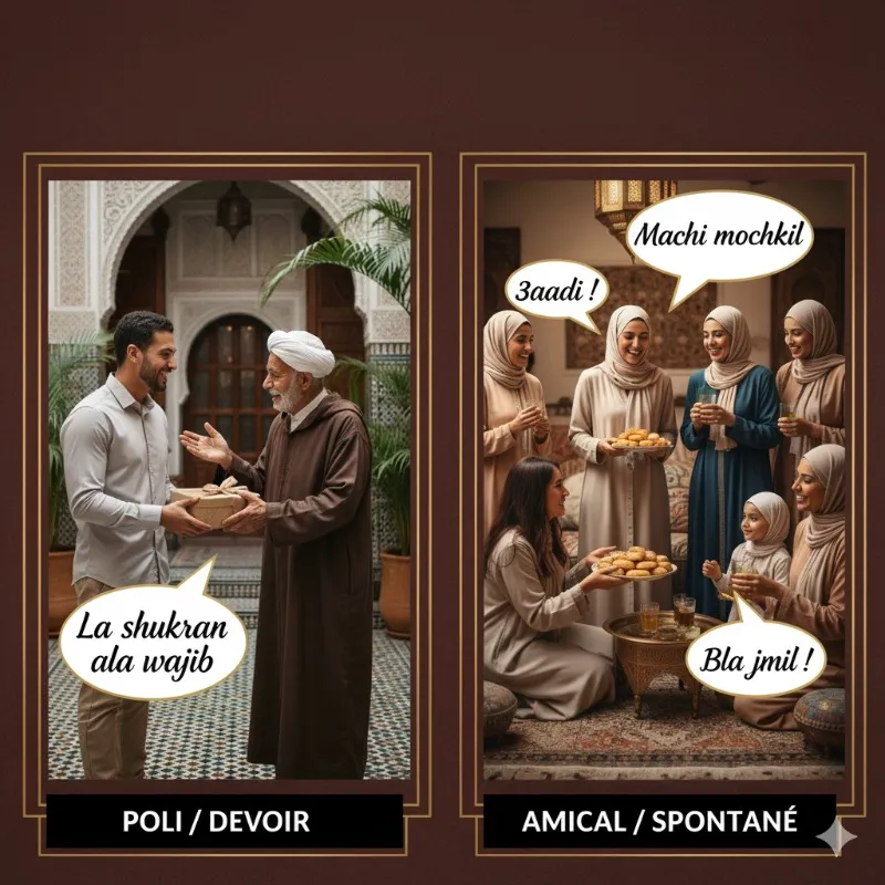 Expressions pour dire de rien en marocain avec les mots darija la shukran ala wajib, 3aadi, bla jmil et machi mochkil illustrés dans des scènes de convivialité