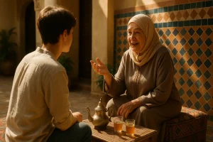 une grand mère et son petit fils échange avec des mots darija marocain