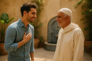 cette image illustre un grand pére qui explique a sont petit fils comment dire boonjour en marocain