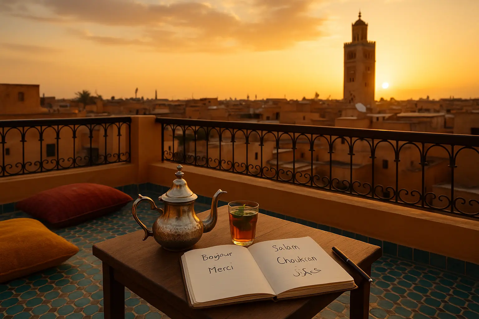 Terrasse marocaine au coucher du soleil avec thé à la menthe et carnet de mots en darija — ambiance authentique de la vie quotidienne pour illustrer le thème vivre au Maroc.
