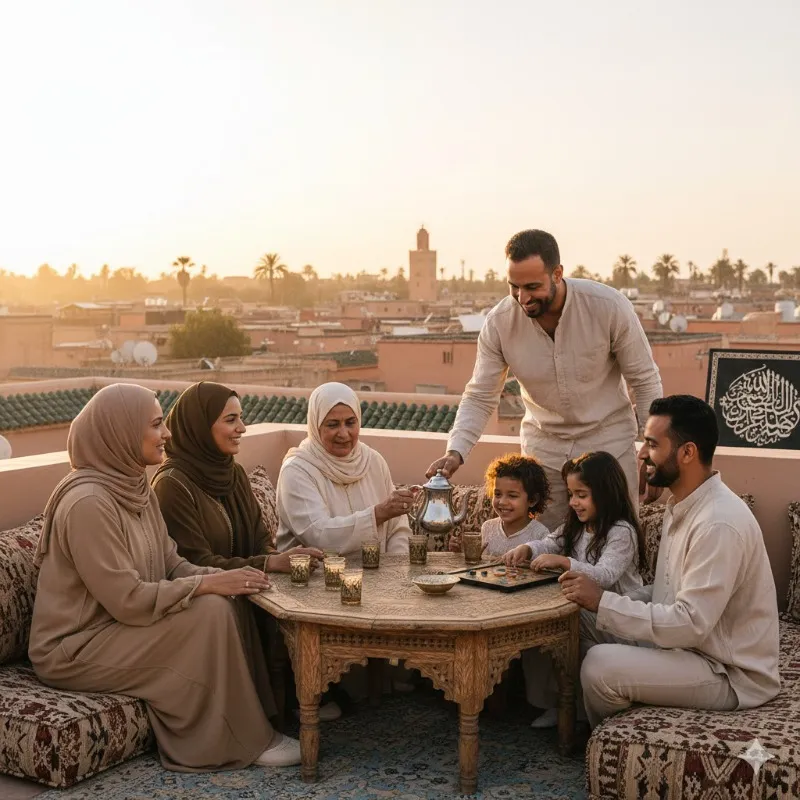 Famille marocaine réunie sur une terrasse à Marrakech partageant un thé au coucher du soleil, illustrant l’art de vivre au Maroc