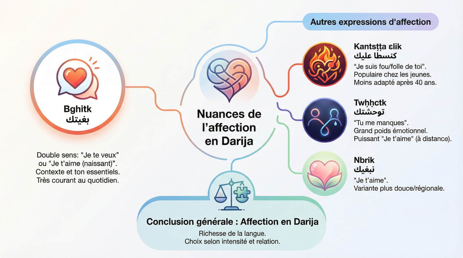Couple marocain discutant avec affection illustrant les nuances de l'amour en darija