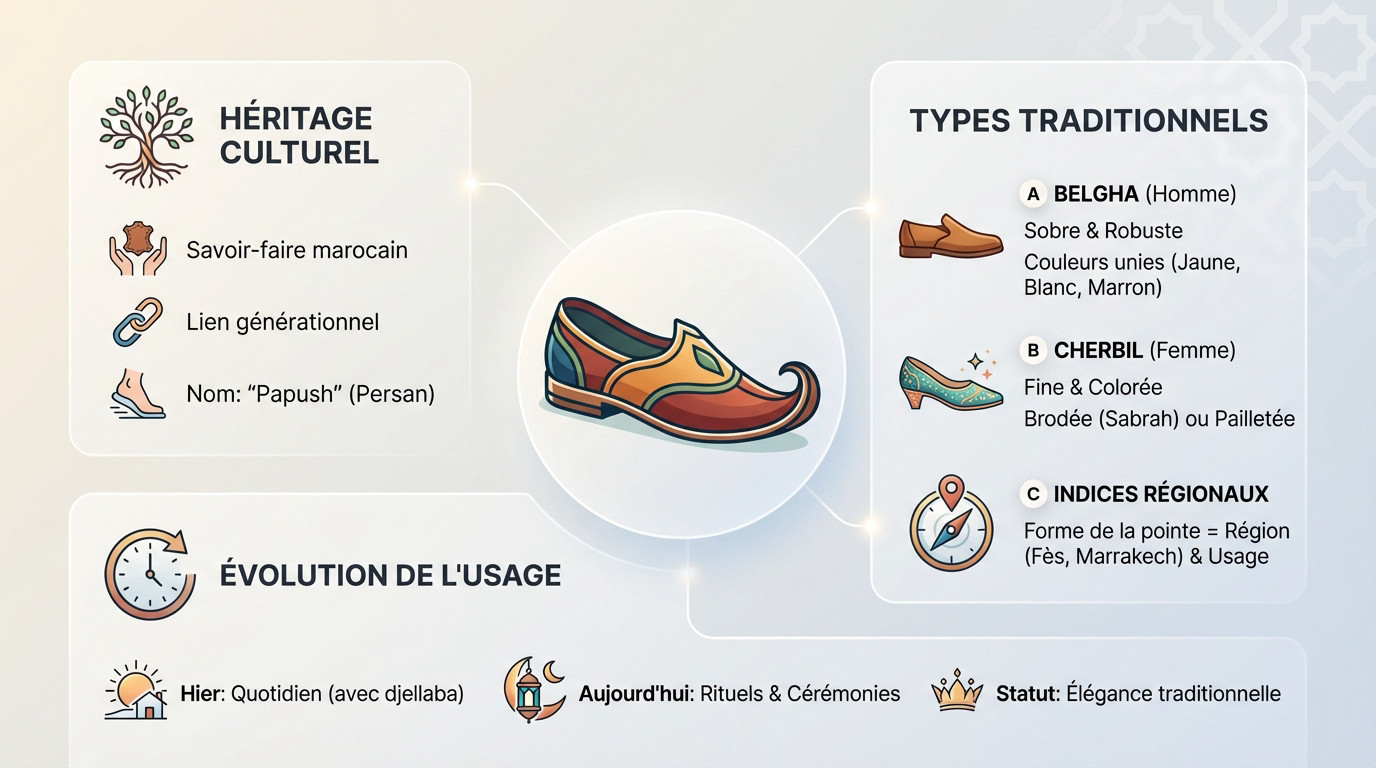 Paires de babouches marocaines traditionnelles alignées montrant différents motifs et couleurs