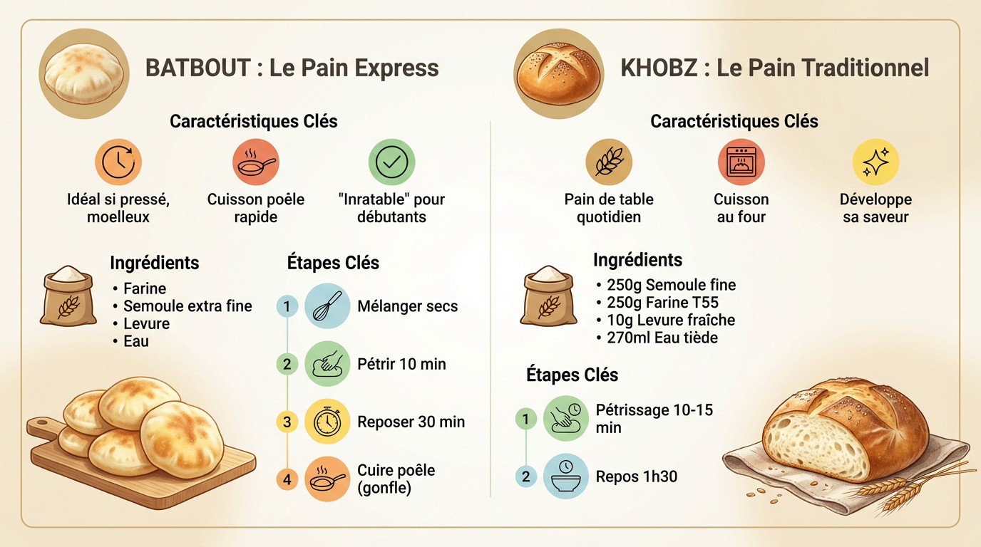 Comparaison entre le batbout cuit à la poêle et le khobz traditionnel au four