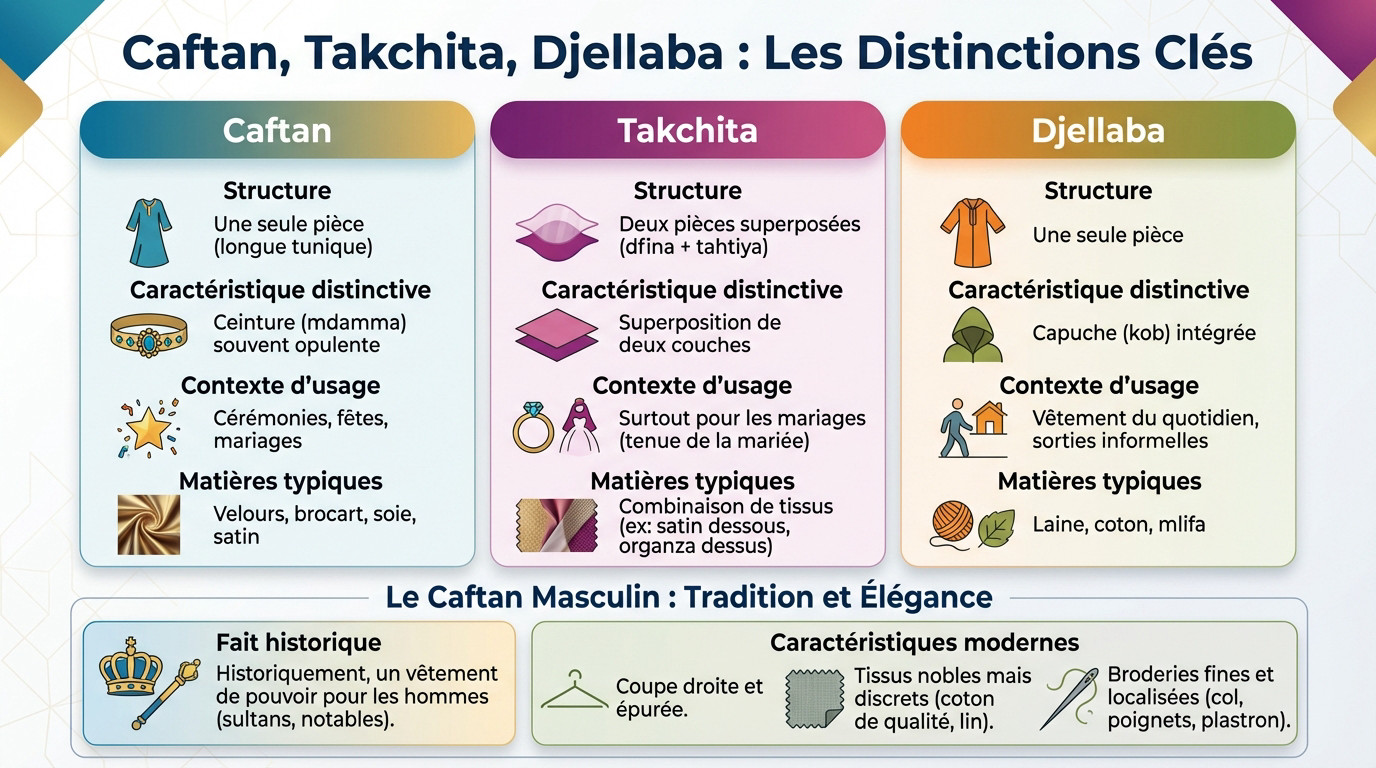 Tableau comparatif illustrant les différences entre le caftan marocain, la takchita et la djellaba