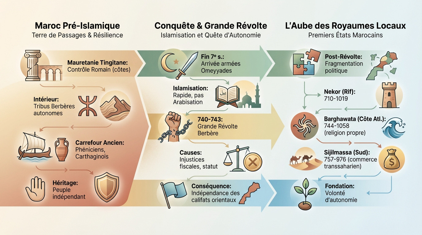 Carte historique illustrant le Maroc de l'ère pré-islamique aux premiers royaumes indépendants