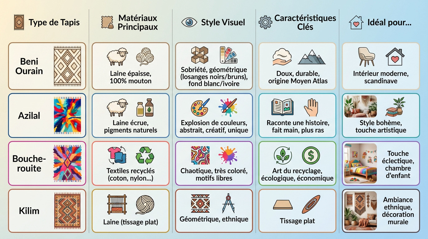 Infographie illustrant les différences entre les styles de tapis berbères : Beni Ourain, Azilal et Boucherouite
