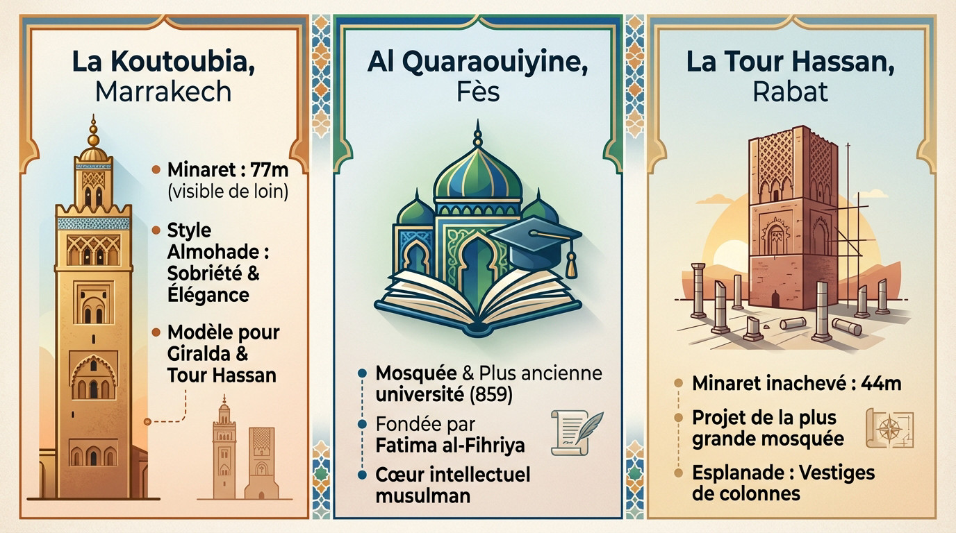 Infographie illustrant les joyaux architecturaux comme la Koutoubia et la Tour Hassan au Maroc
