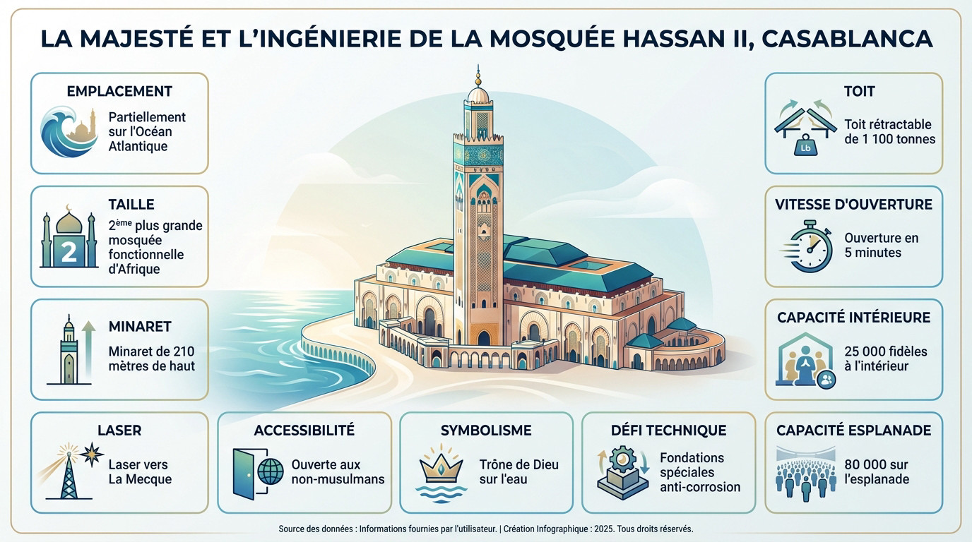 Vue majestueuse de la mosquée Hassan II à Casablanca surplombant l'océan Atlantique