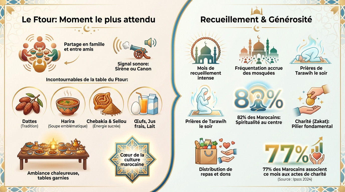 Famille marocaine réunie autour d'une table de ftour traditionnelle pendant le ramadan