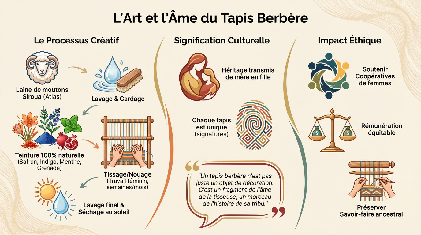 Femme tissant un tapis berbère traditionnel sur un métier vertical au Maroc