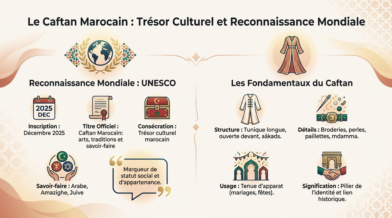 Femme portant un caftan marocain traditionnel orné de broderies dorées et d'une ceinture mdamma