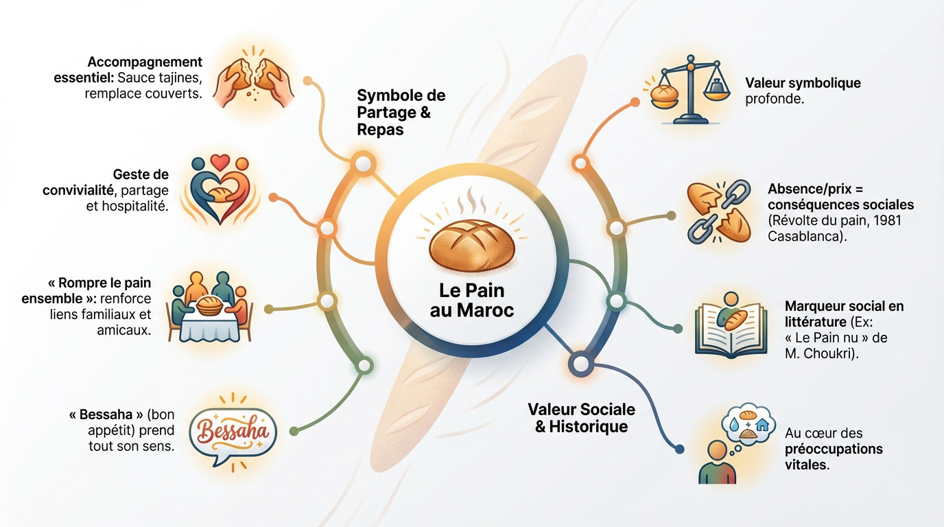 Famille marocaine partageant le pain traditionnel autour d'un tajine