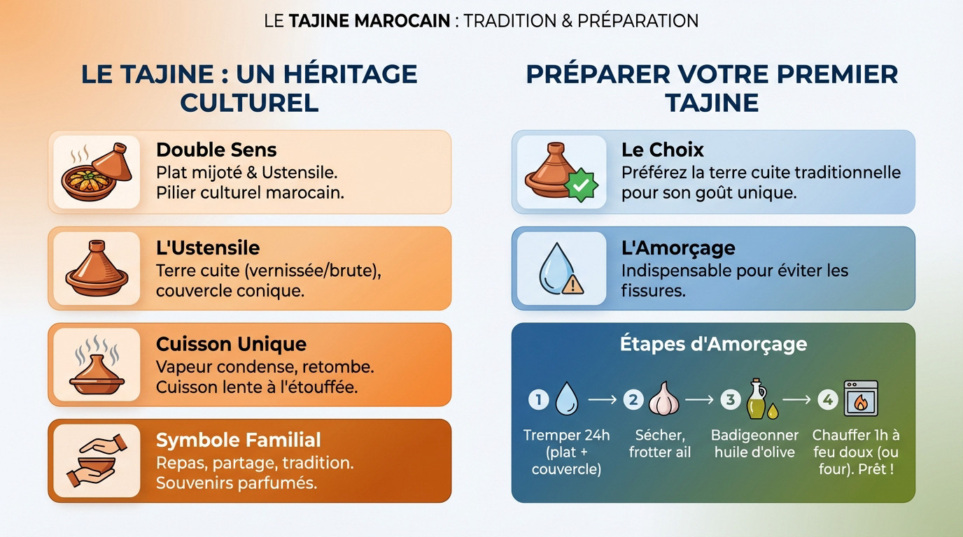 Préparation traditionnelle d'un tajine marocain en terre cuite avec légumes et épices