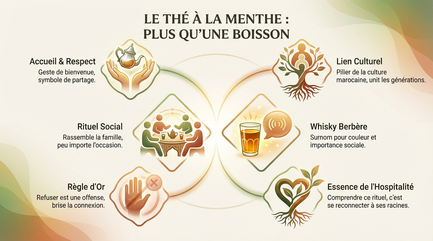 Plateau traditionnel de thé à la menthe marocain servi avec des gâteaux, symbole d'hospitalité