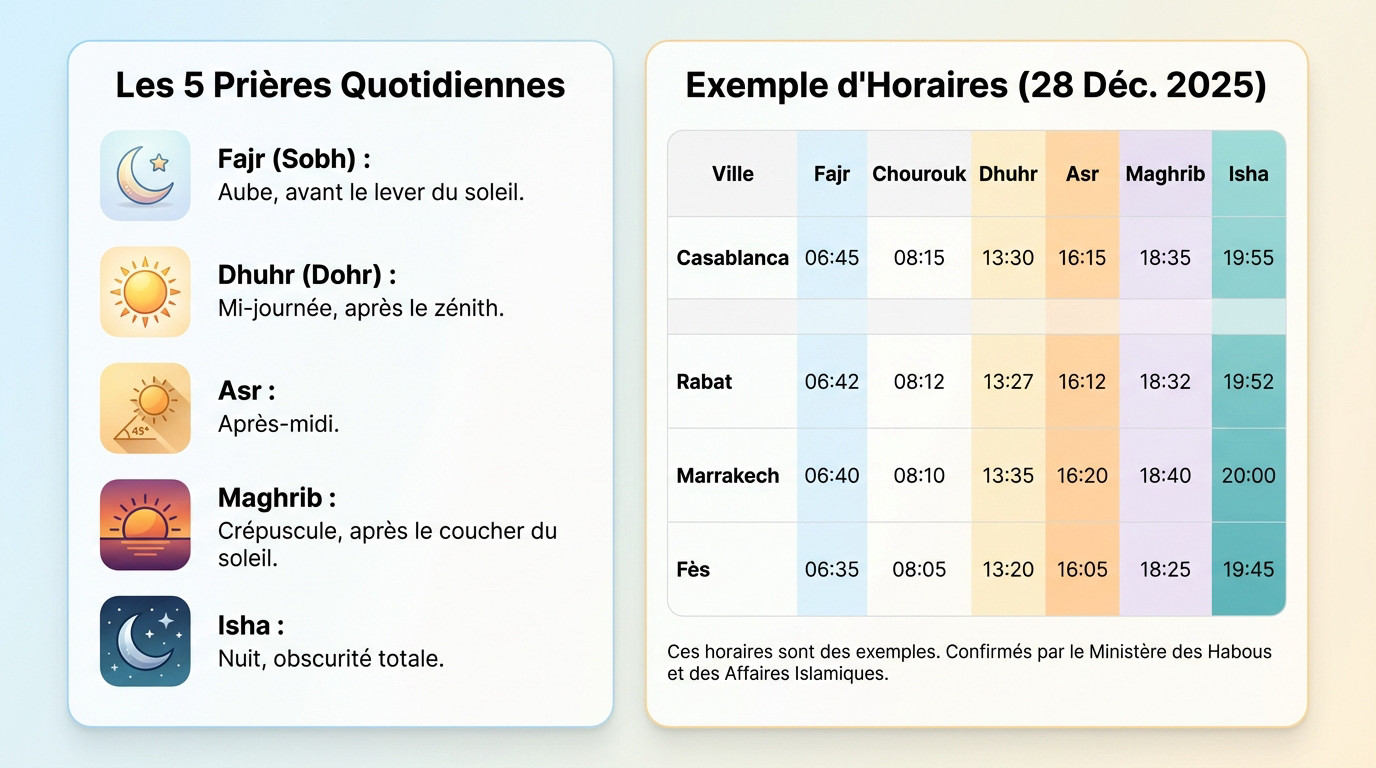 Tableau explicatif des 5 prières quotidiennes au Maroc et exemple d'horaires pour décembre 2025