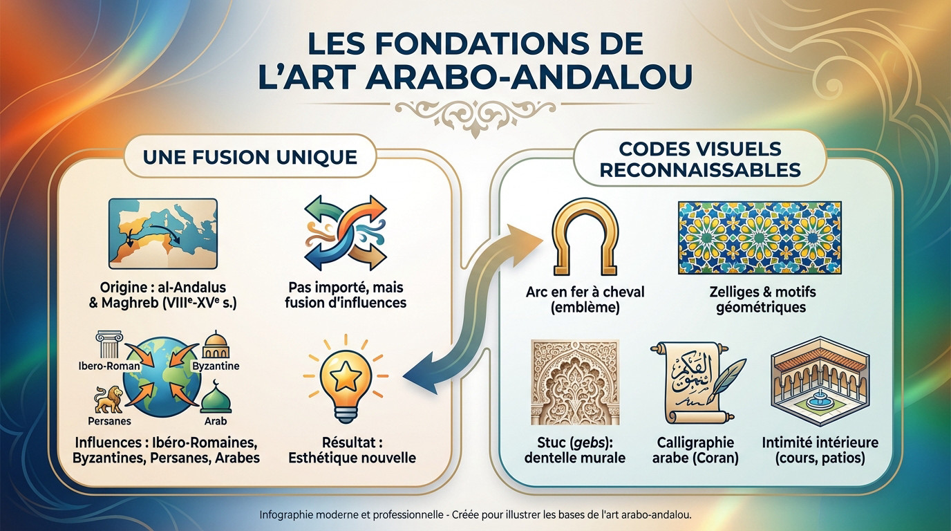 Arcade ornée de stuc et de zelliges illustrant l'architecture mauresque