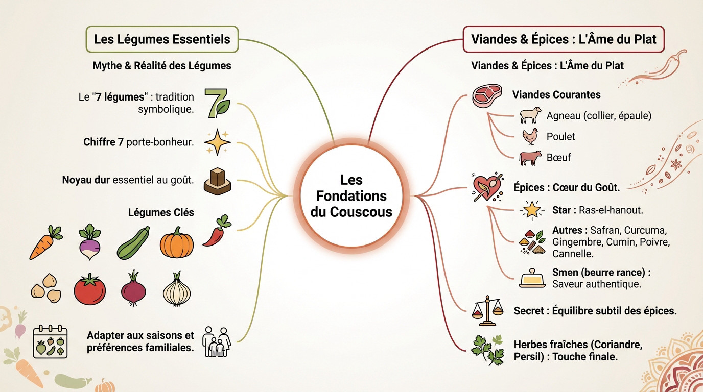 Ingrédients frais pour un couscous marocain authentique : légumes, viande et épices