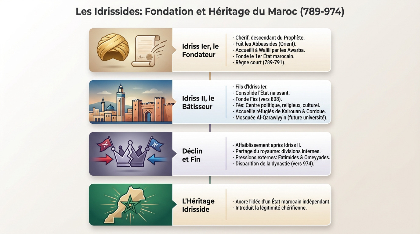 Illustration historique de la fondation de l'État marocain par Idriss Ier à Volubilis