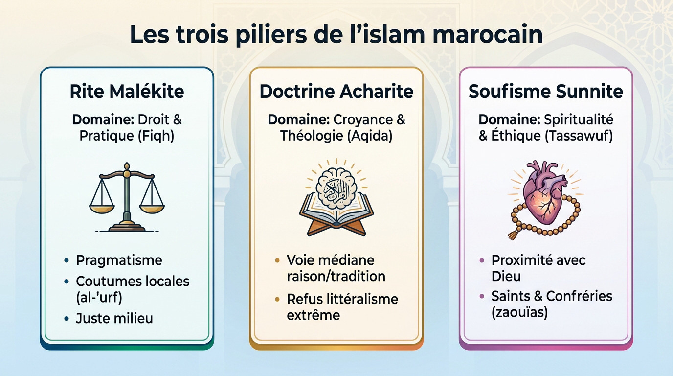 Illustration des trois piliers de l'islam marocain : Malékisme, Acharisme et Soufisme