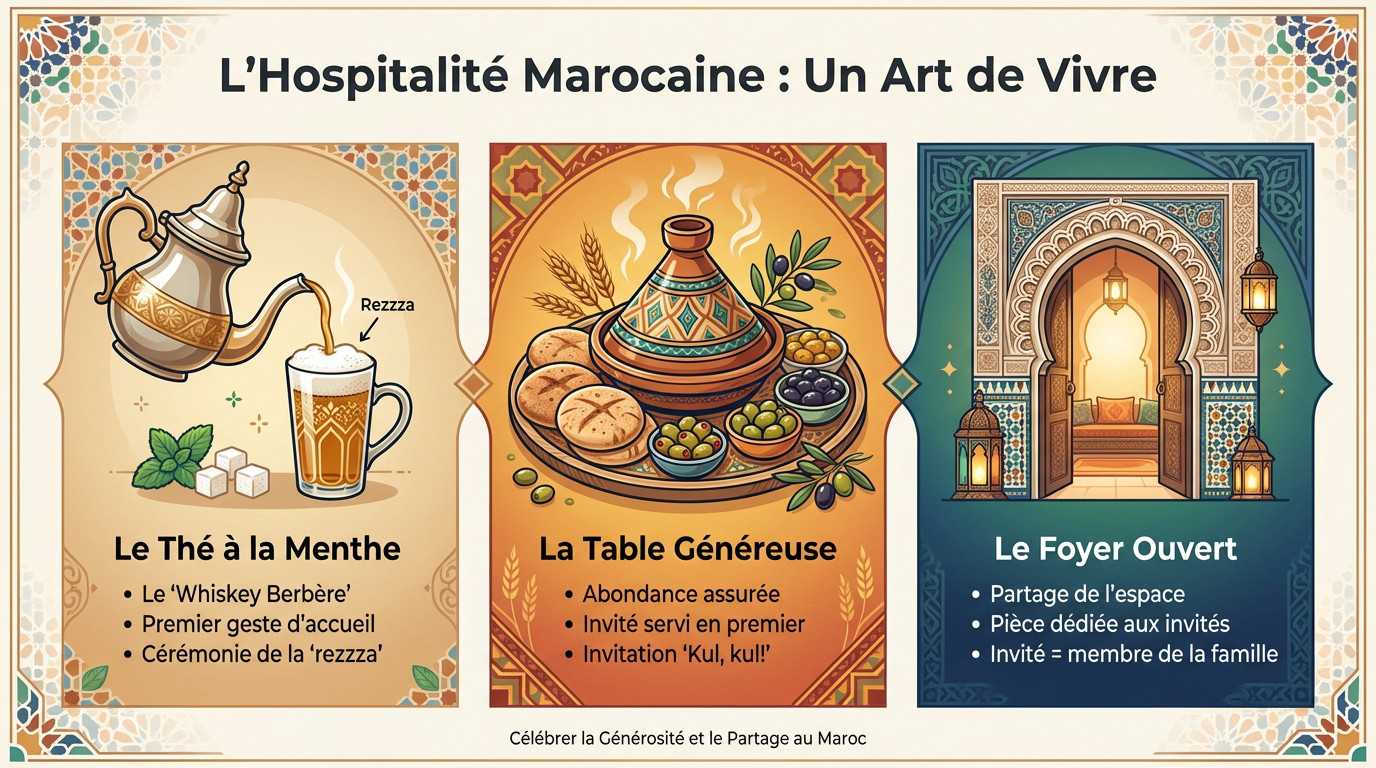 Hospitalité marocaine : service traditionnel du thé à la menthe et accueil chaleureux
