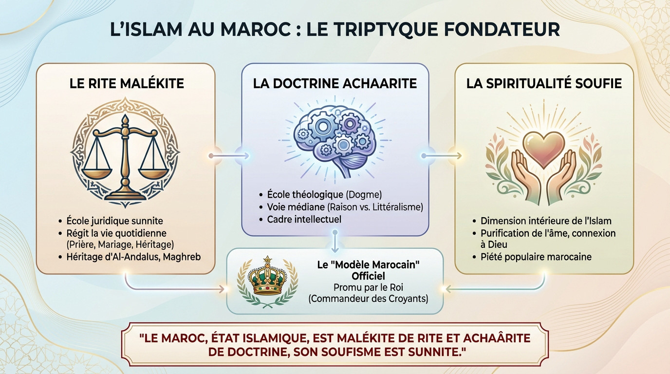 Schéma illustrant le triptyque de l'islam marocain : malikisme, achaarisme et soufisme
