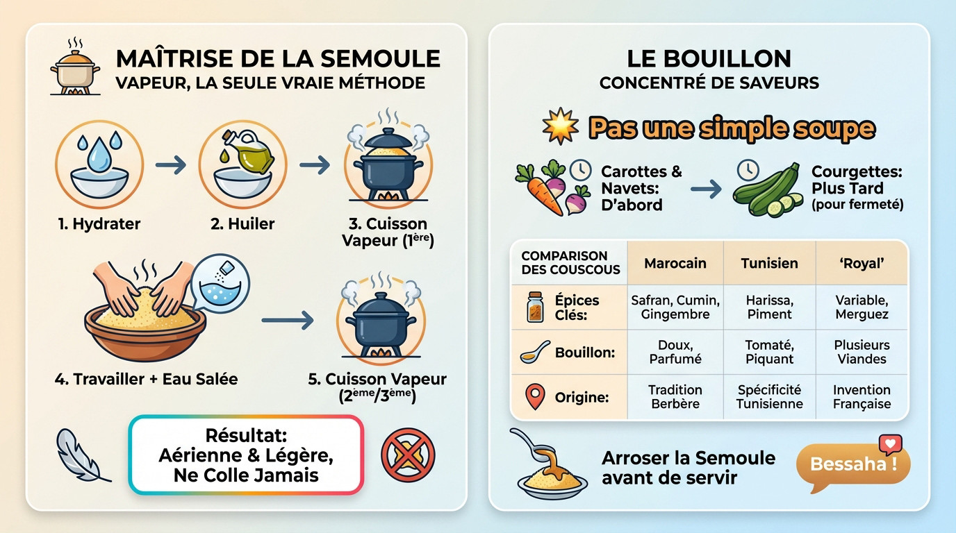 Préparation traditionnelle de la semoule de couscous marocain à la vapeur dans un couscoussier