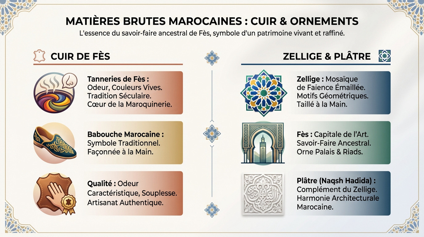 Détail des textures de l'artisanat marocain montrant le travail du cuir et les motifs du zellige