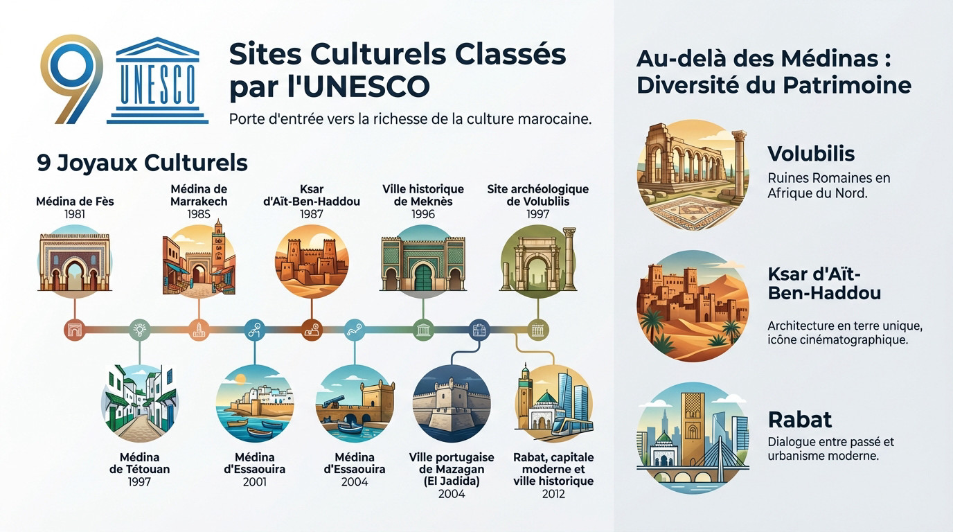 Carte illustrant les sites majeurs du patrimoine mondial de l'UNESCO au Maroc