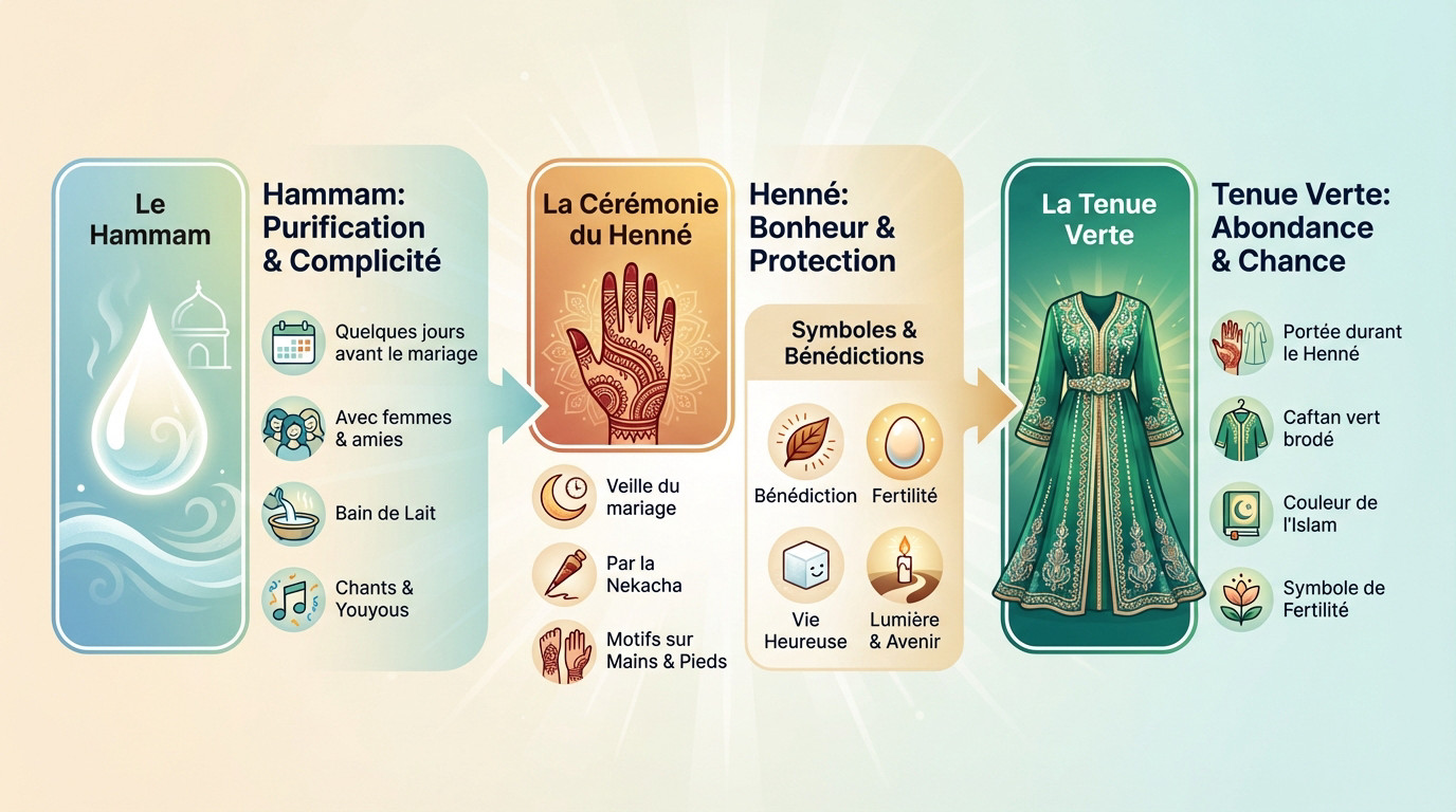 Rituel du henné et préparation de la mariée marocaine en tenue traditionnelle verte