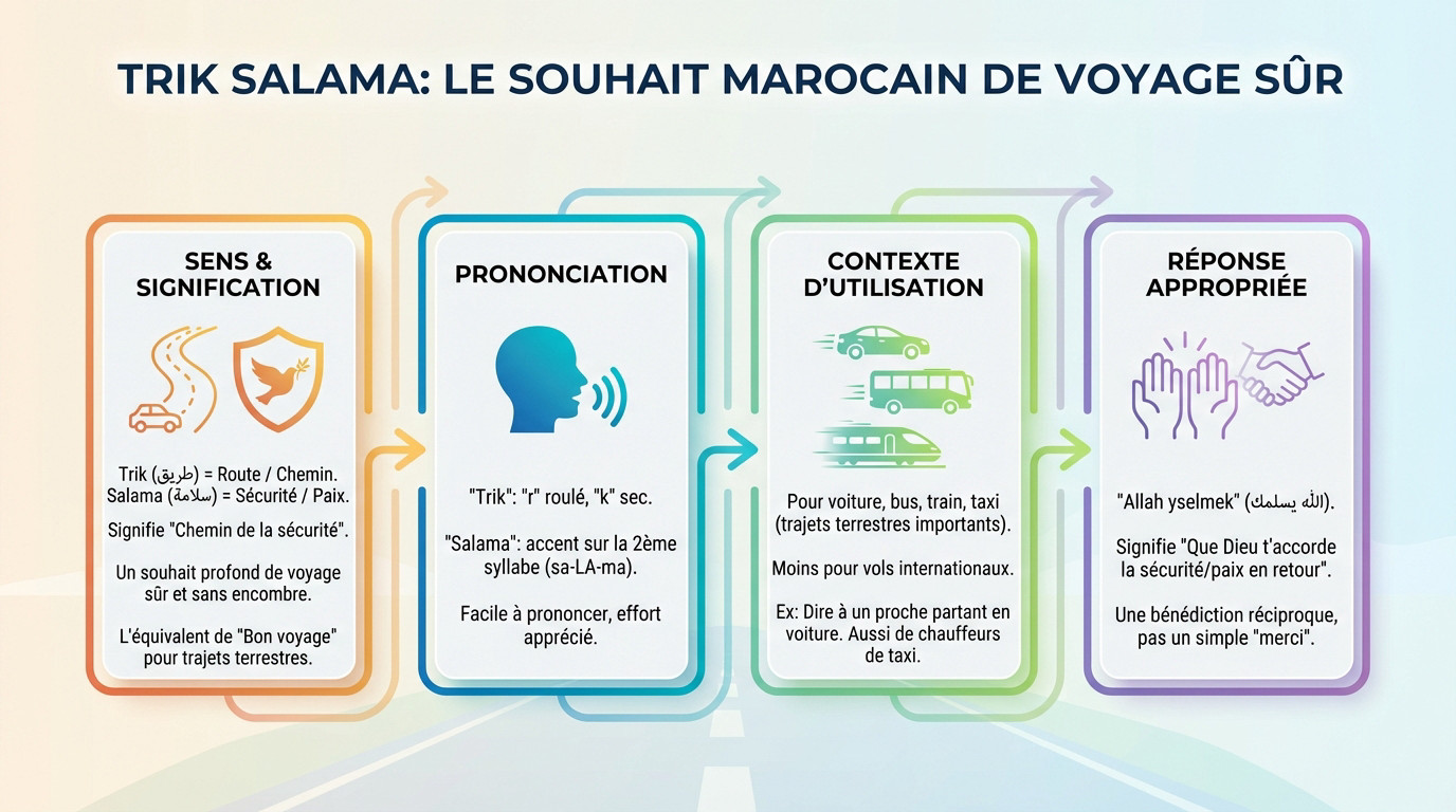 Panneau routier au Maroc illustrant le concept de Trik Salama pour un bon voyage en marocain