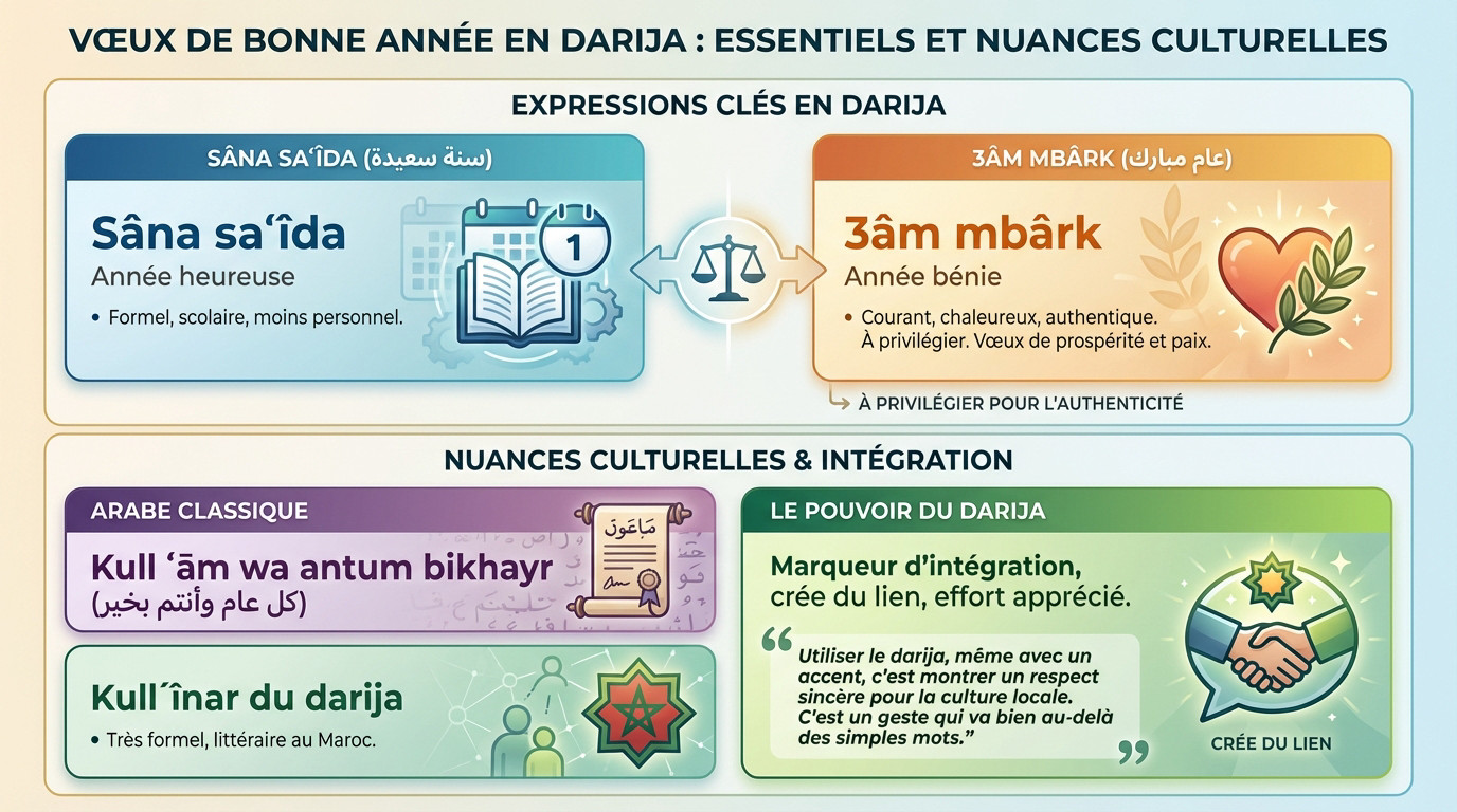 Illustration des nuances entre Sâna saʿîda et 3âm mbârk pour les voeux en darija