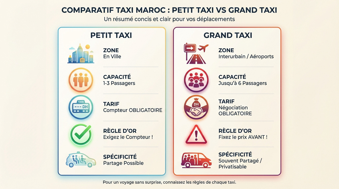 Comparatif visuel entre petit taxi urbain et grand taxi interurbain au Maroc