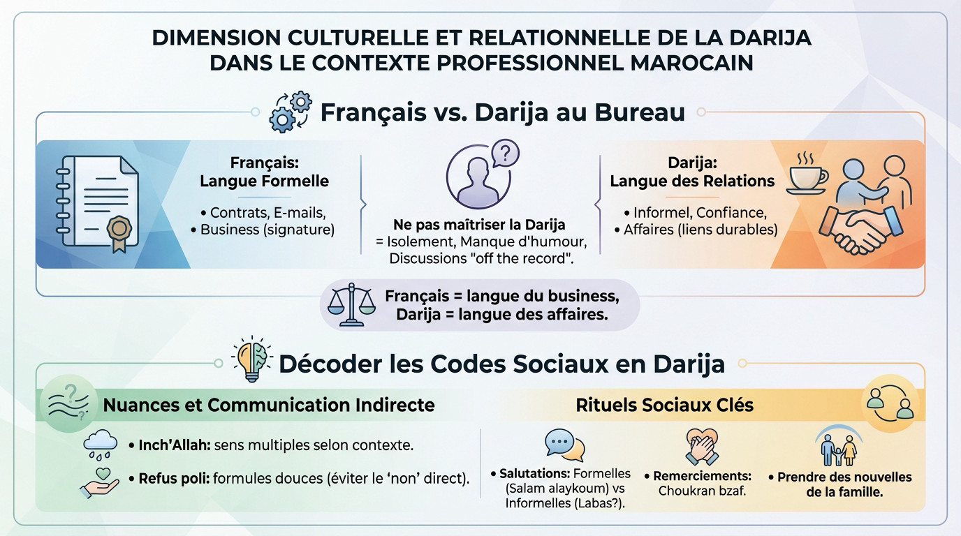 Collègues discutant de manière informelle au bureau au Maroc, illustrant l'importance de la darija