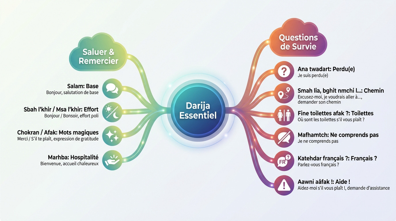 Guide visuel des expressions essentielles en darija pour saluer et remercier au Maroc