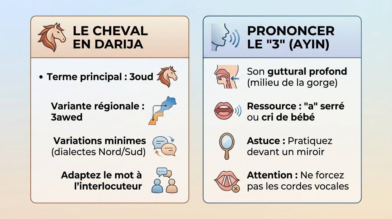Illustration du mot cheval en darija marocain avec la phonétique du 3oud
