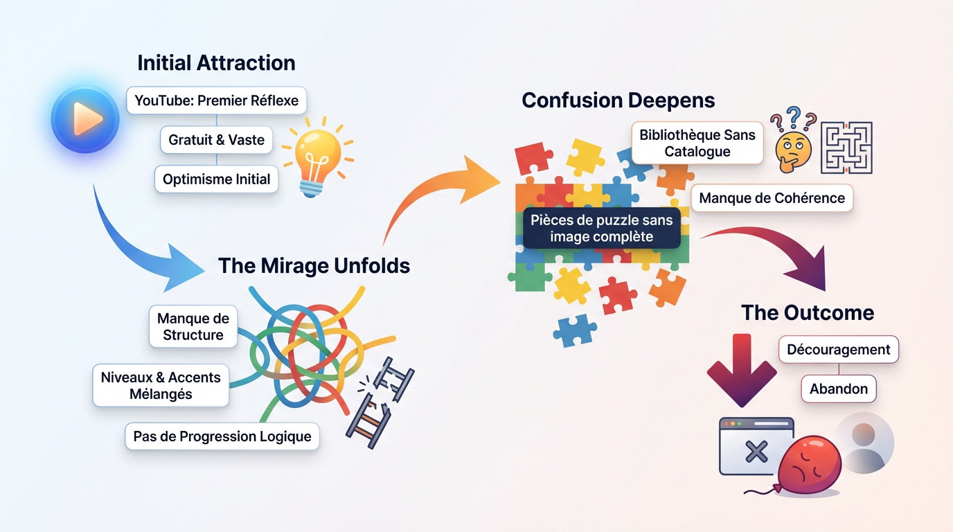 Illustration d'une personne découragée face à l'apprentissage désorganisé du darija sur YouTube