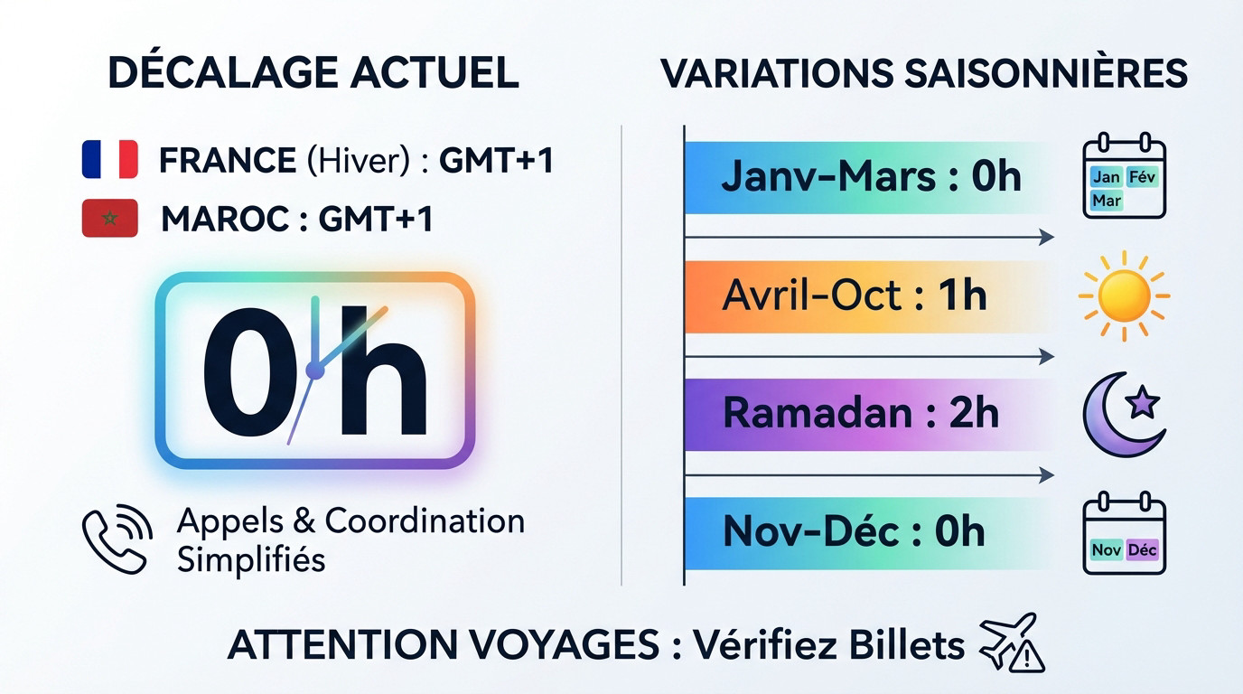 Tableau récapitulatif des variations de l'heure au Maroc et en France selon les saisons