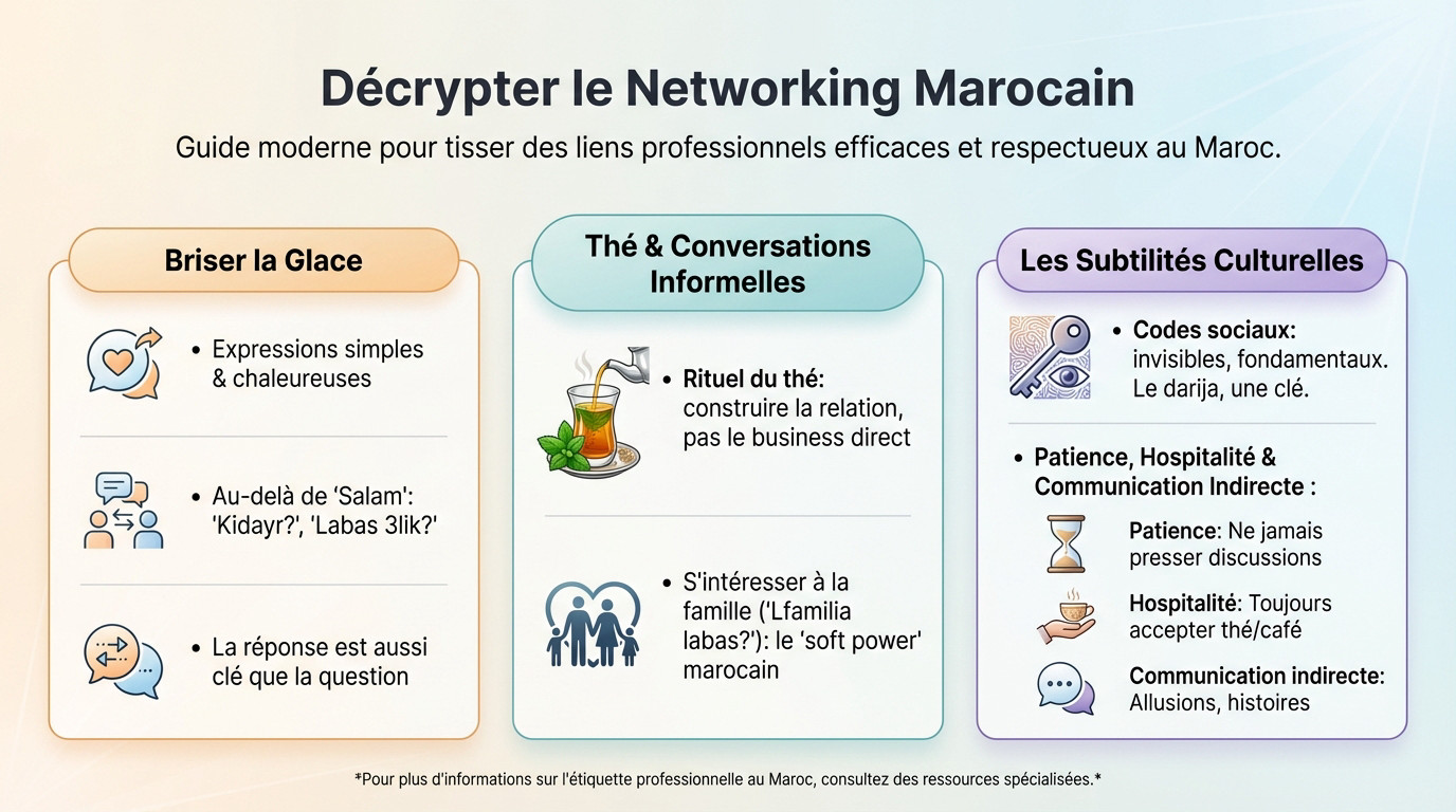 Réunion professionnelle autour d'un thé à la menthe illustrant le networking marocain
