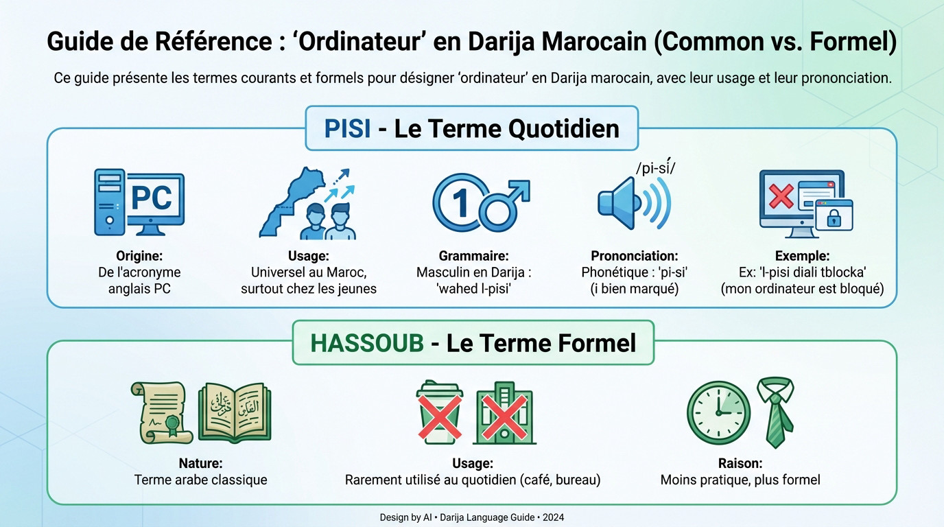 Guide de référence comparant le terme ordinateur en darija commun pisi et formel hassoub