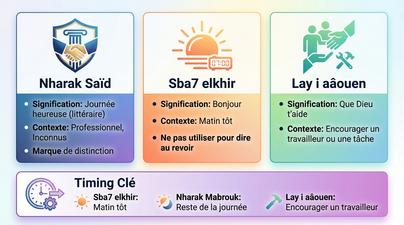 Guide visuel des salutations en Darija pour souhaiter une bonne journée selon le contexte