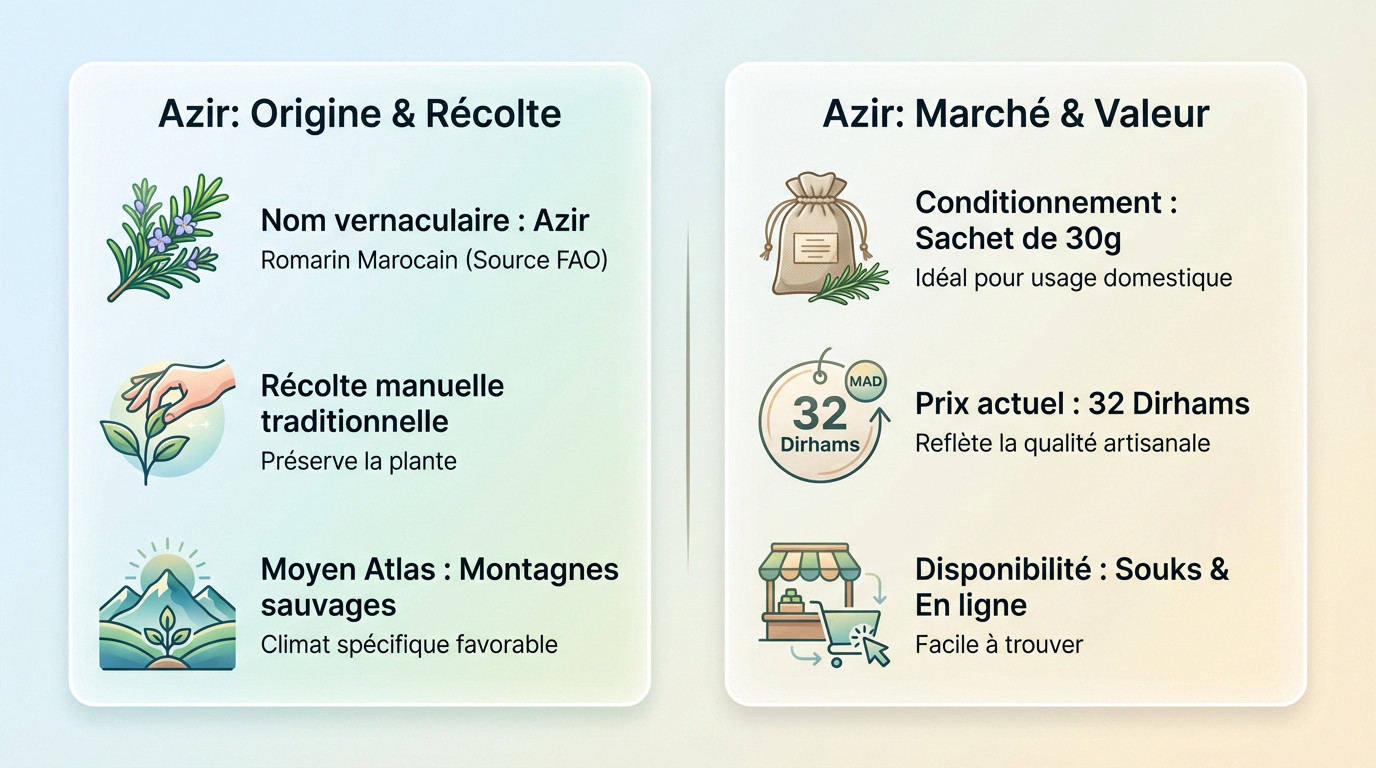 Infographie détaillant l'origine et le prix du romarin Azir au Maroc