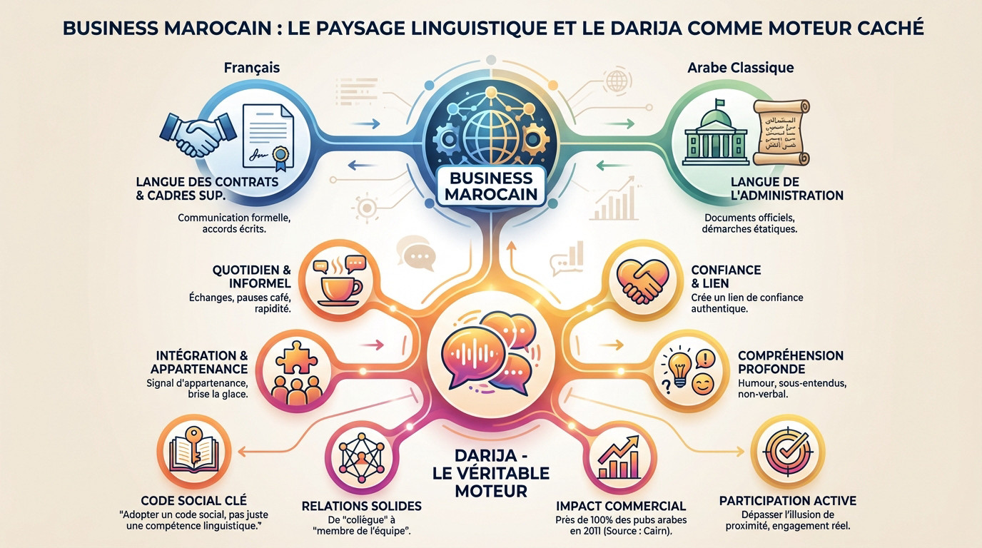 Illustration montrant des professionnels échangeant en darija dans un cadre de business marocain moderne