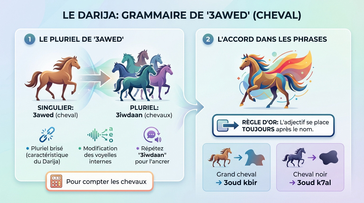 Illustration de la grammaire du mot cheval 3awed en darija marocain